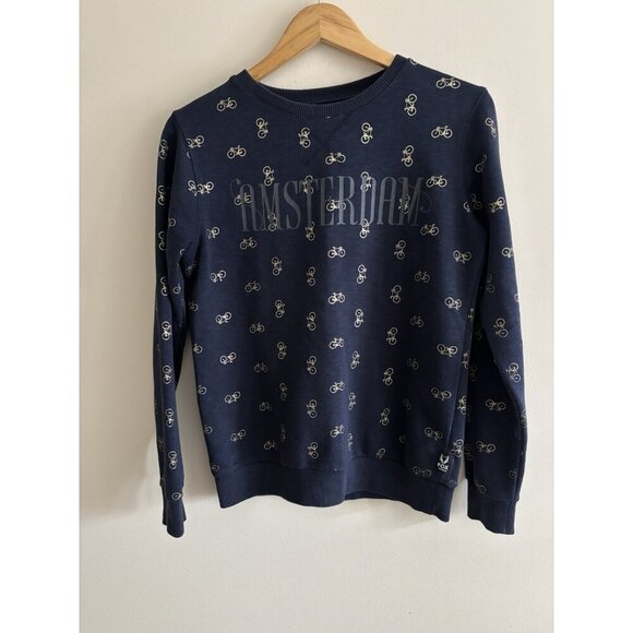 Fox Originals Amsterdam Bike Print Pullover Crewneck Sweater Medium Blue - Picture 1 of 9